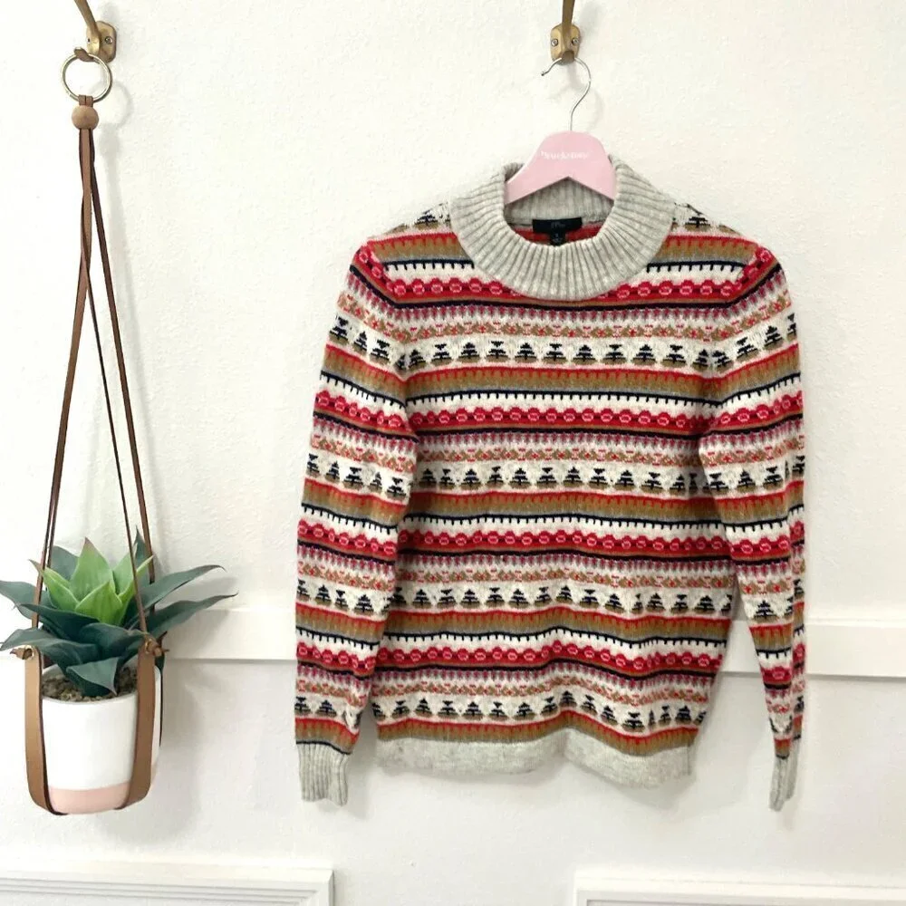 J Crew Mockneck Fair Isle Sweater Grey Red Size S K5312